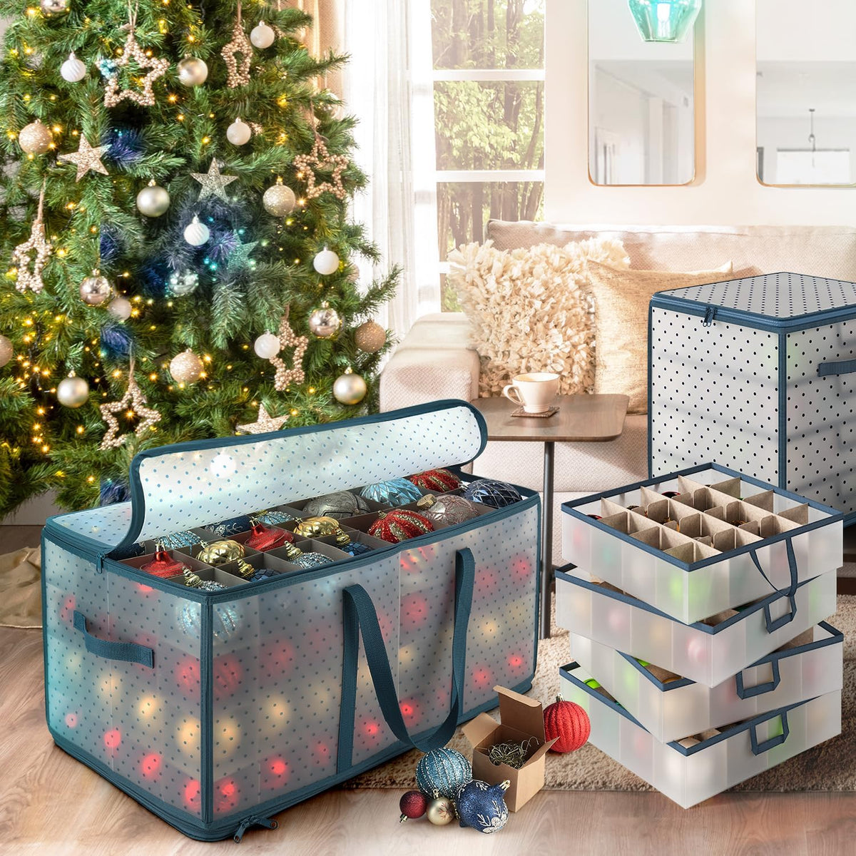 Large Christmas Ornament Storage Box With Adjustable Dividers - Plastic Ornament Storage Container
