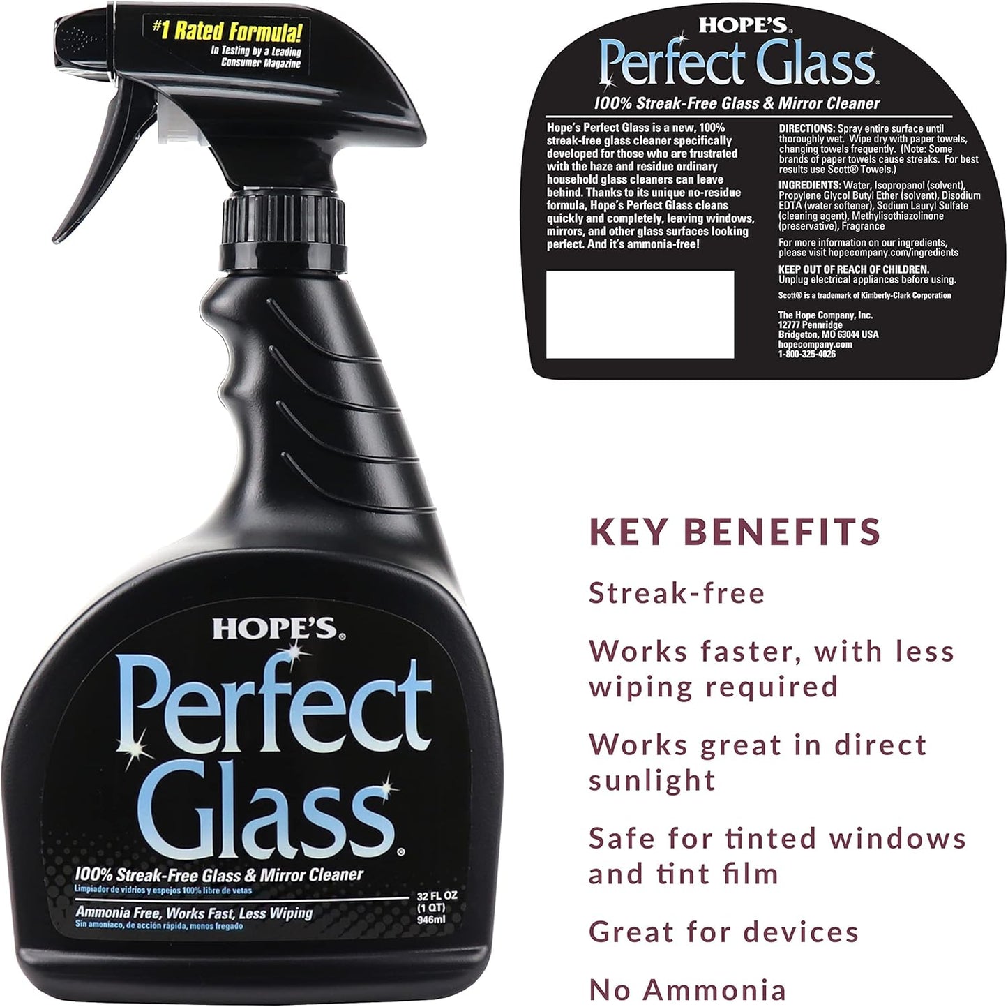 HOPE'S Perfect Glass Cleaner Spray, Streak-Free, Ammonia-Free Window, Mirror, Screen, Tinted Glass
