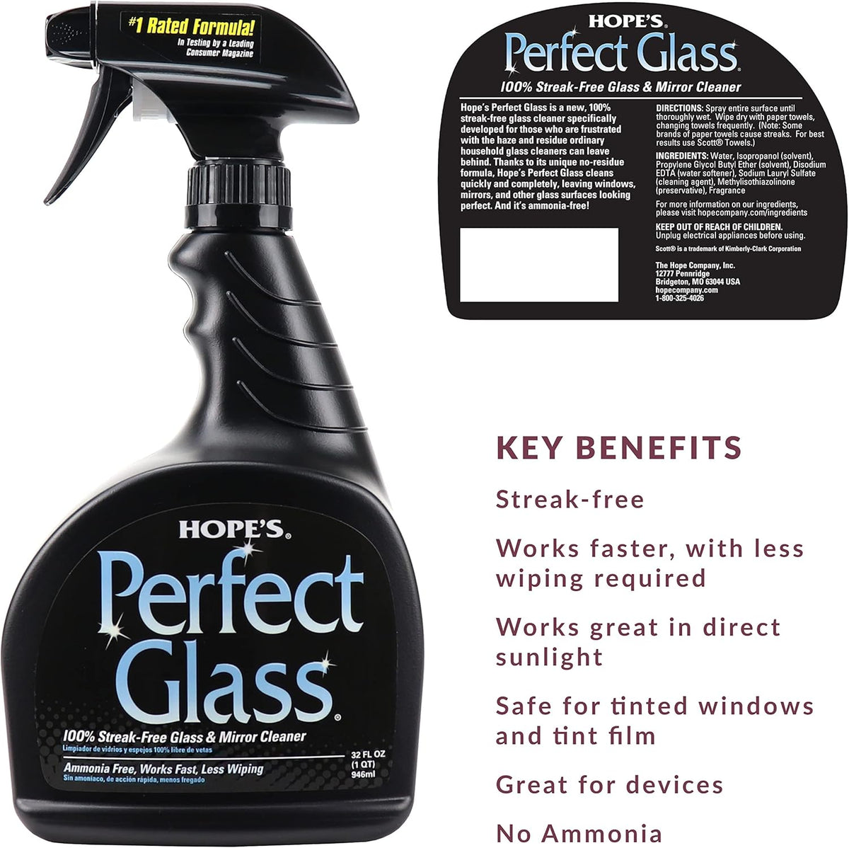HOPE'S Perfect Glass Cleaner Spray, Streak-Free, Ammonia-Free Window, Mirror, Screen, Tinted Glass