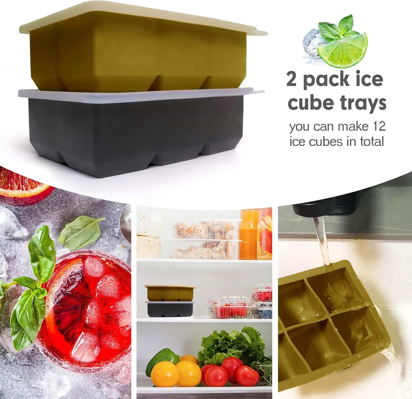 Silicone Ice Cube Trays with Lids,Large Square Ice Cube Molds for Freezer, Whiskey, Cocktail