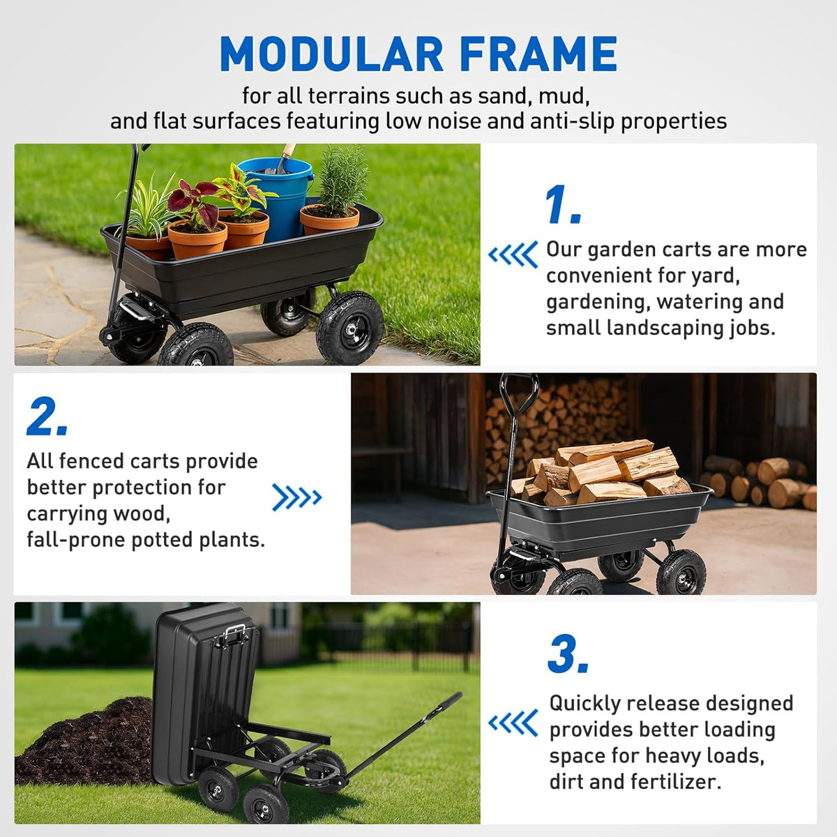 Yesker Garden Carts - 600lbs Dump Wagon with All Terrain Inflatable Wheels for Yard Lawn Farms