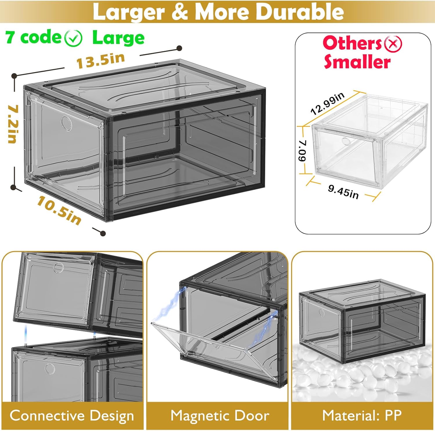 7 code Thicken & Sturdy Clear Shoe Storage Organizer with Magnetic Door, Stackable Boxes for