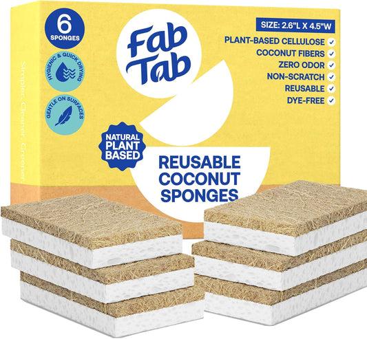 FabTab Coconut and Cellulose Sponges, Plant-Based, Non-Scratch Cleaning Sponges for Dishes, Sinks