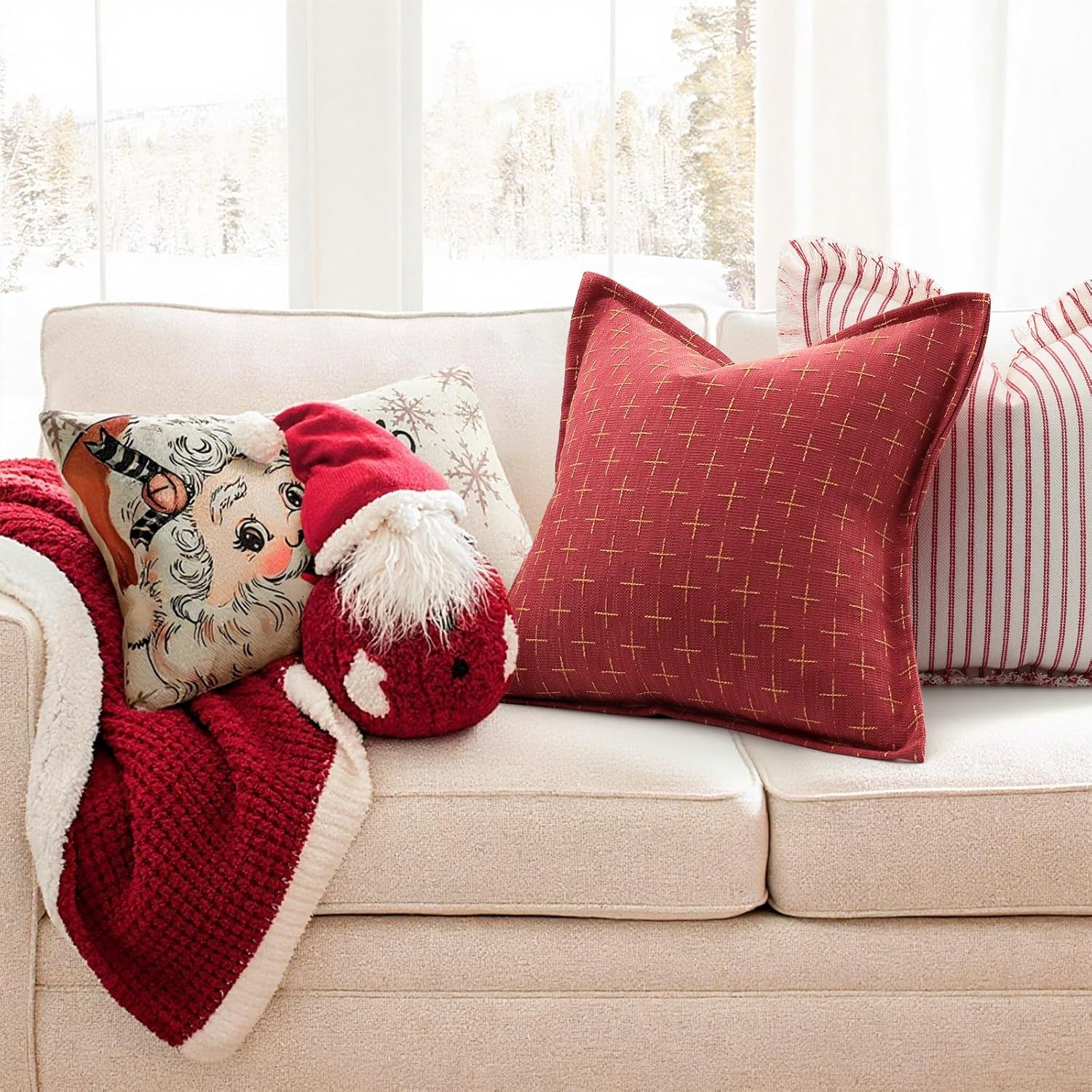 ZWJD Christmas Pillow Covers 24x24 Set of 2 Soft Polyester Textured Red Pillows with Stylish Flange