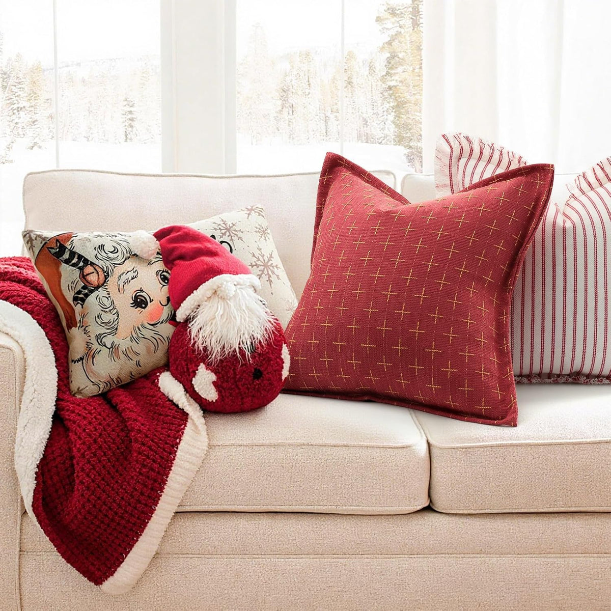 ZWJD Christmas Pillow Covers 26x26 Set of 2 Soft Polyester Textured Red Pillows with Stylish Flange