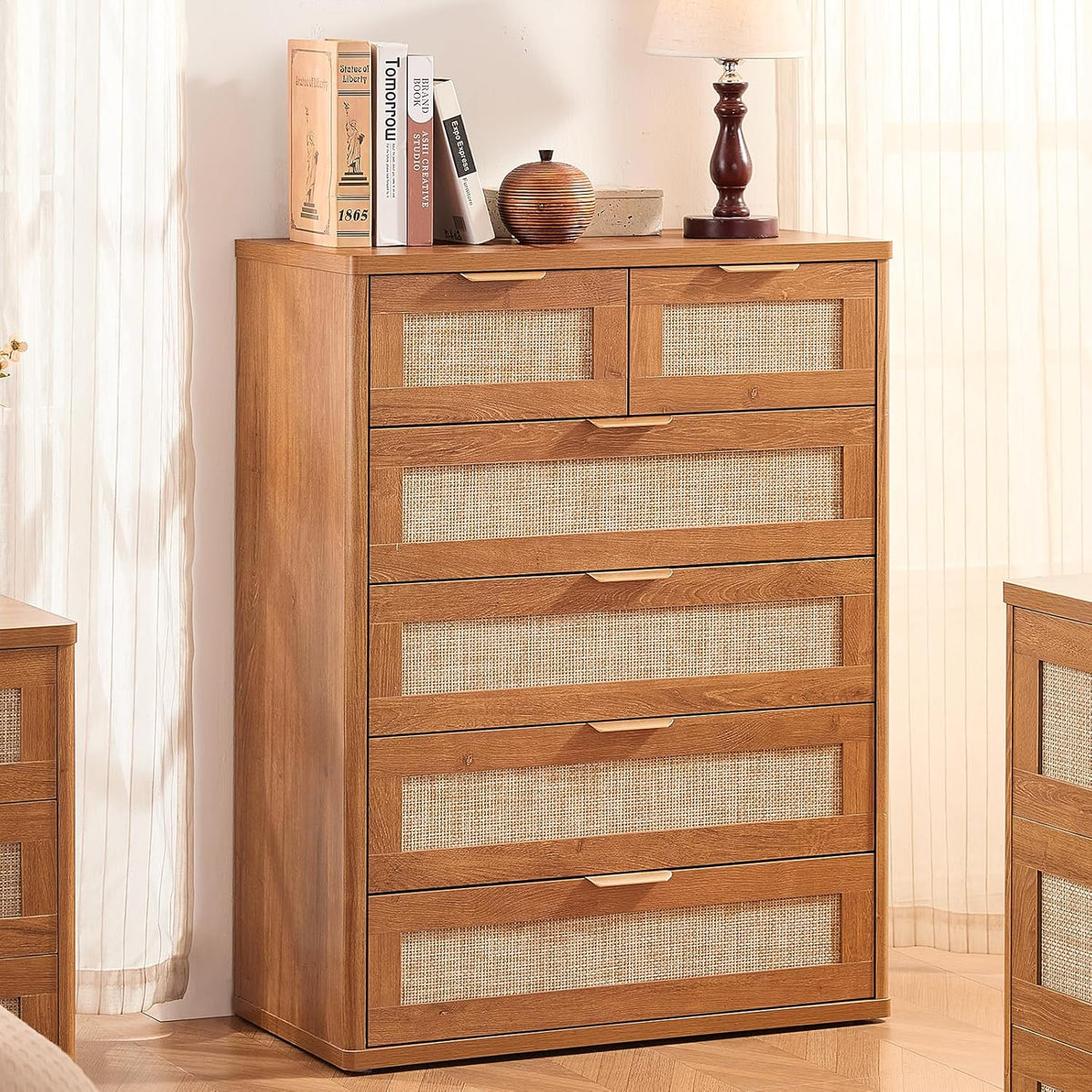LEYAOYAO Rattan Dresser for Bedroom, 42" Tall Chest of Drawers, Modern 6 Drawers Boho Dressers with