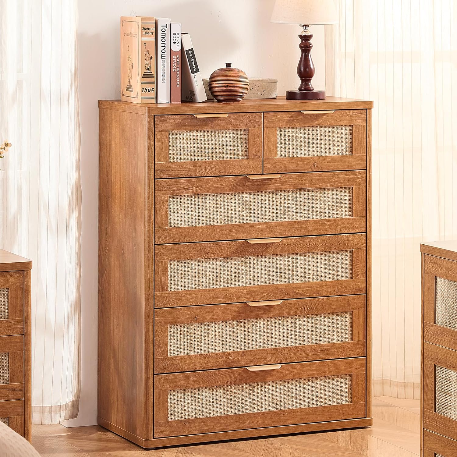 LEYAOYAO Rattan Dresser for Bedroom, 42" Tall Chest of Drawers, Modern 6 Drawers Boho Dressers with
