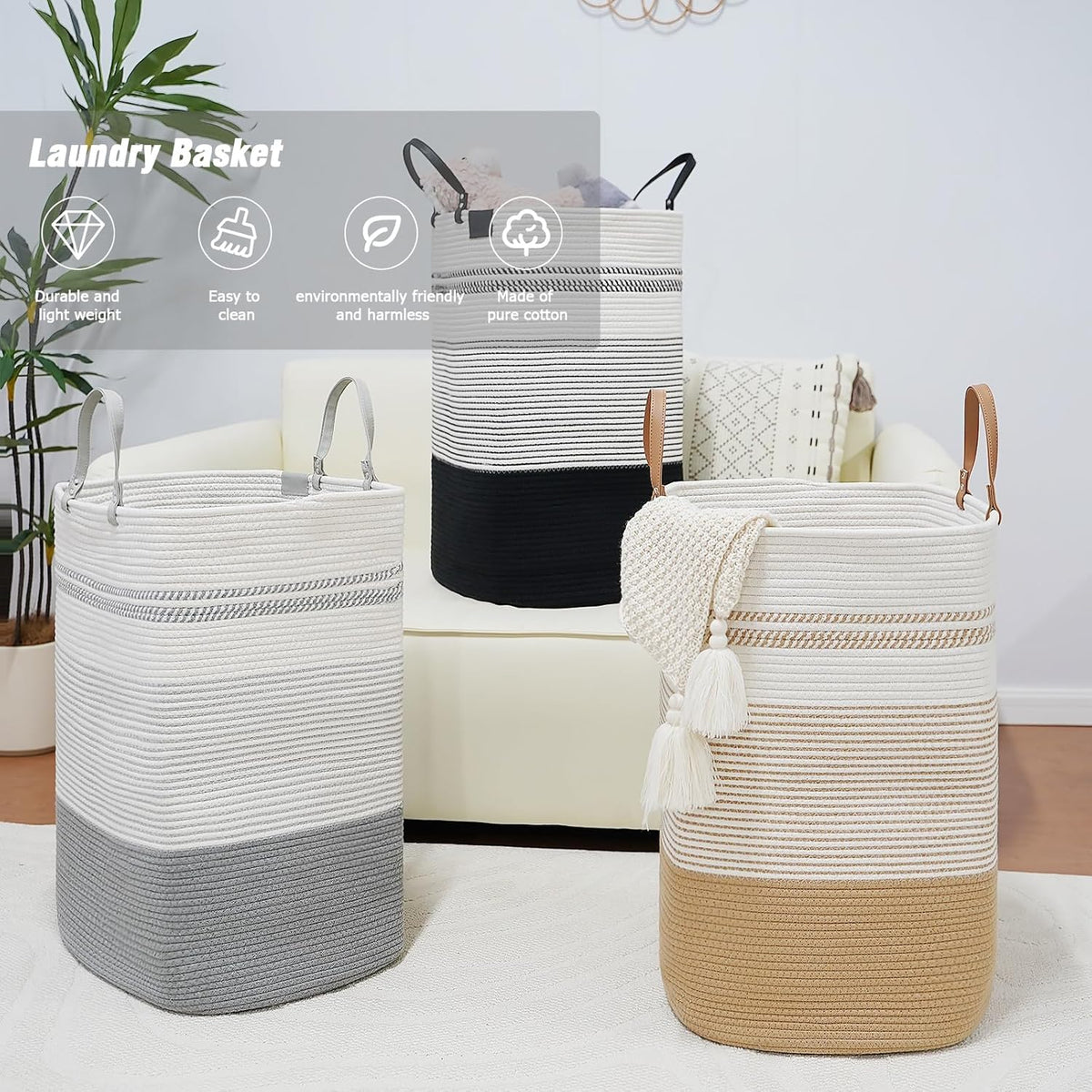 danpinera 75L Woven Laundry Hamper with Long Leather Handles, Baby Laundry Basket for Nursery, Tall