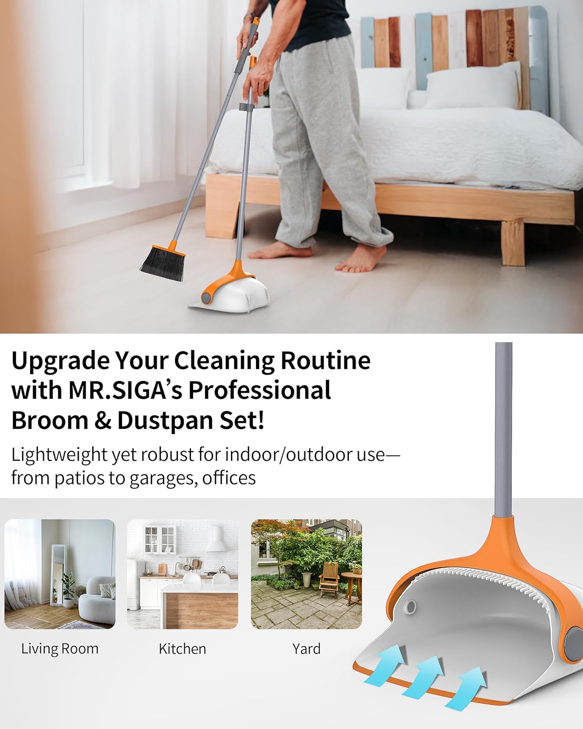MR.SIGA Broom and Dustpan Set with Long Handle, Stand Upright Broom with Dustpan Combo for Cleaning