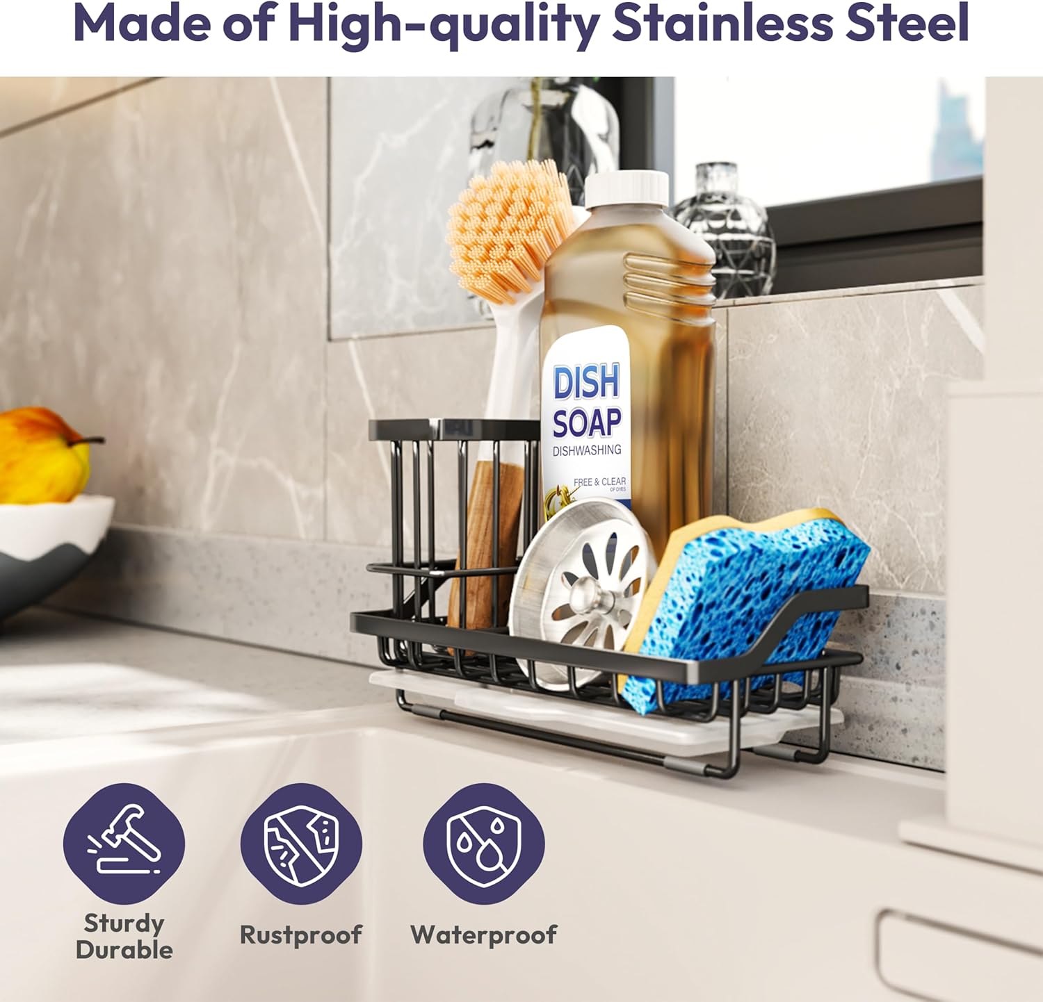 SWTYMIKI Sink Caddy Sponge Holder - Kitchen Sink Organizer with High Brush Holder for Countertop to