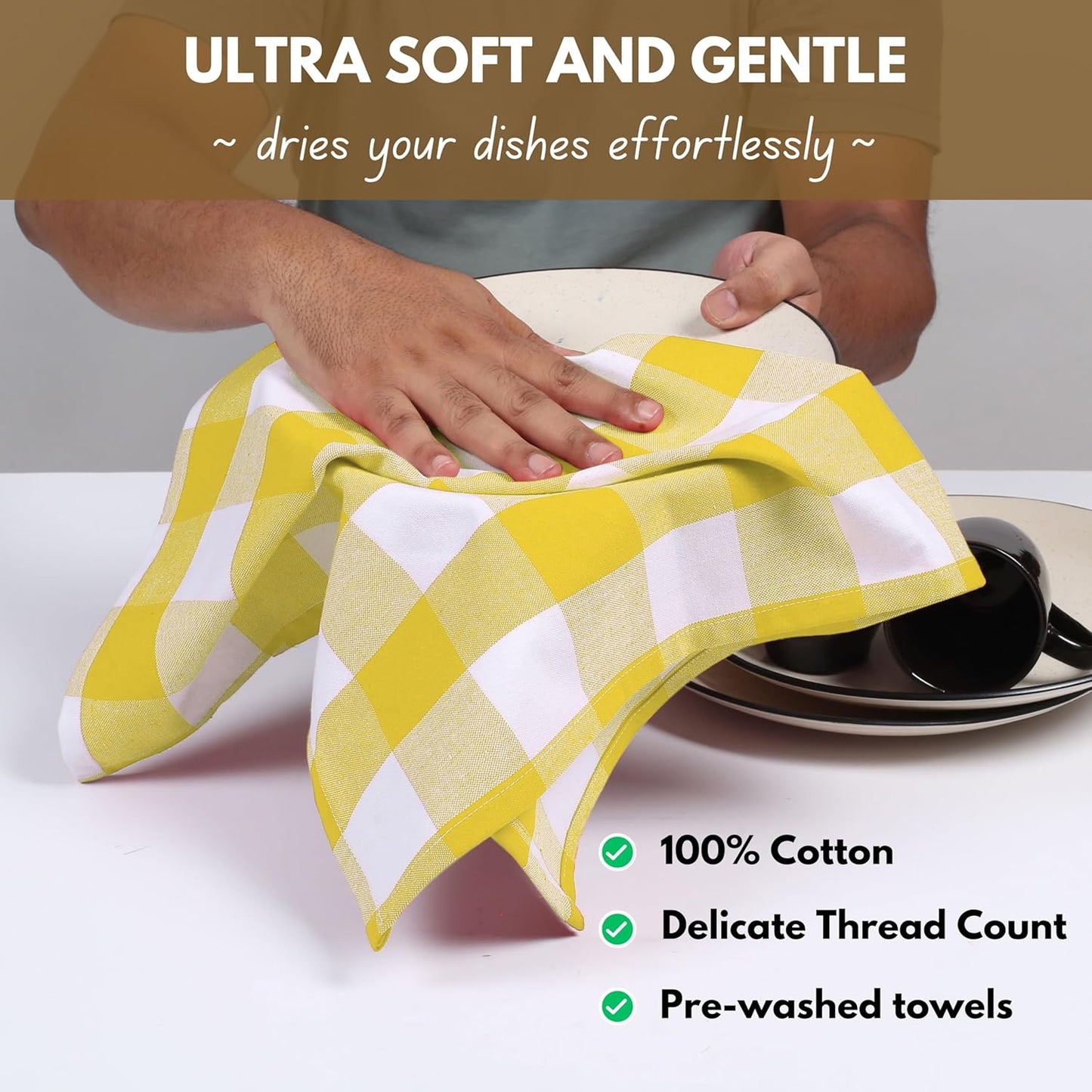 Native Fab Yellow Buffalo Dish Towel 16"x26", Set of 12 - Cotton Plaid Towels, Soft Absorbent
