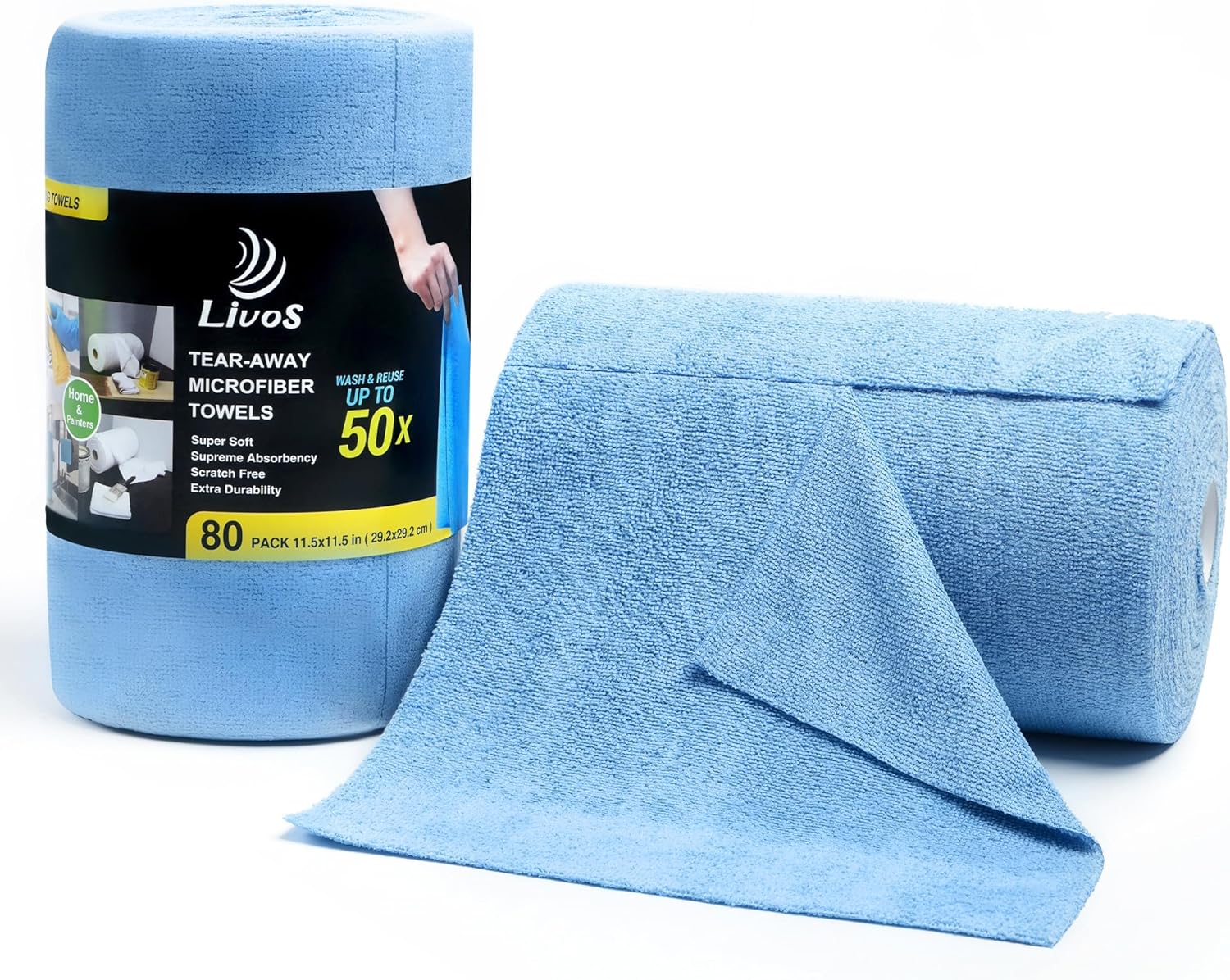 LIVOS Microfiber Cleaning Cloth Roll - 80 Pack, Reusable Paper Towels Blue Tear Away, Microfiber