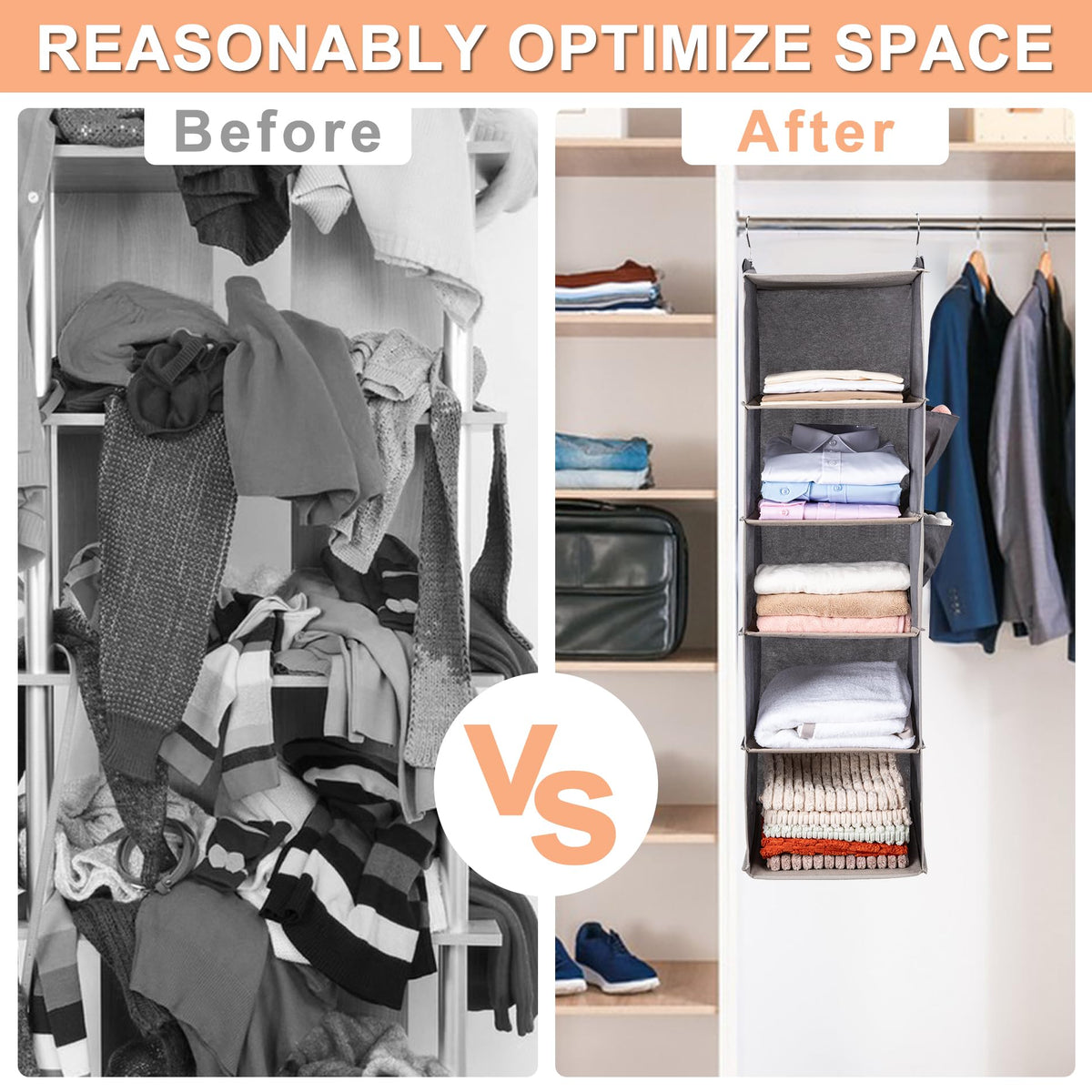 BOOMIBOO Hanging Closet Organize and Shelves，5-Hanging Shelf with 2 Side Pockets，Storage Foldable