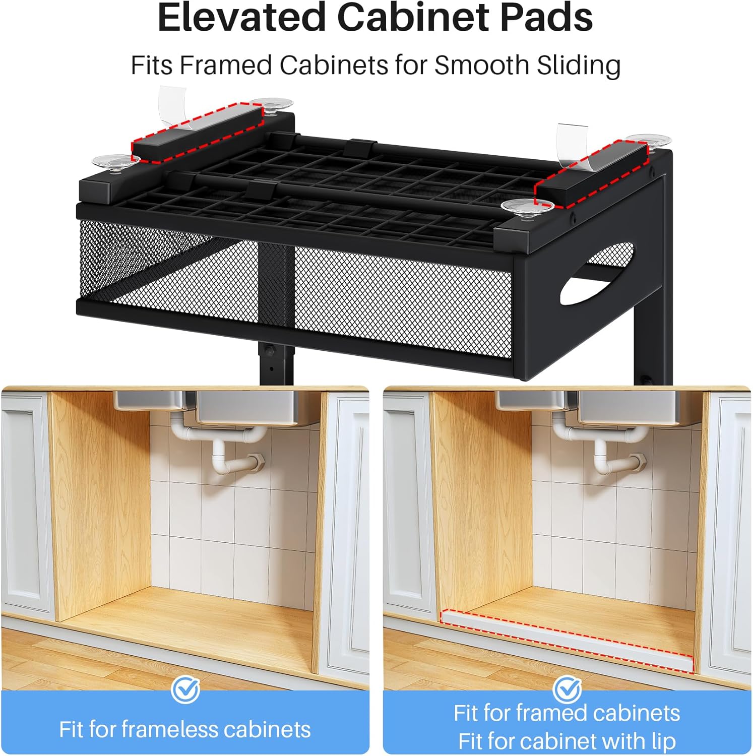 Under Sink Organizer, 2 Tier Pull Out Under Cabinet Organizer Shelf with Pad for Framed Cabinets