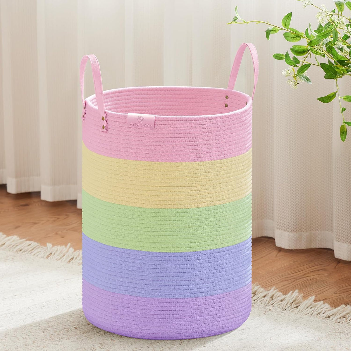 VIPOSCO Tall Laundry Basket, Large Dirty Clothes Hamper with Leather Handle, Woven Rope Storage