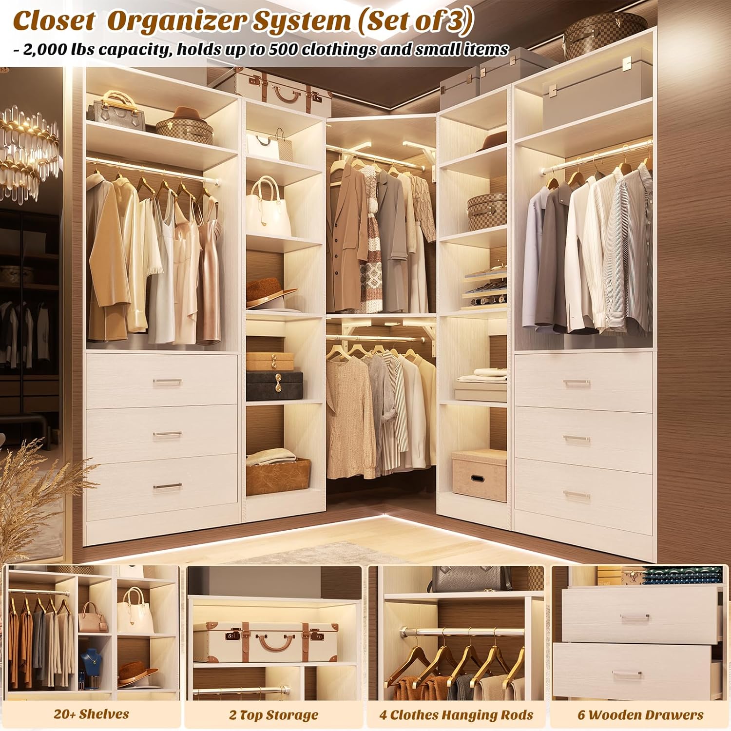 Corner Closet System with 6 Drawers, Closet Organizer System with 14 Shelves & 4 Hanging Rods