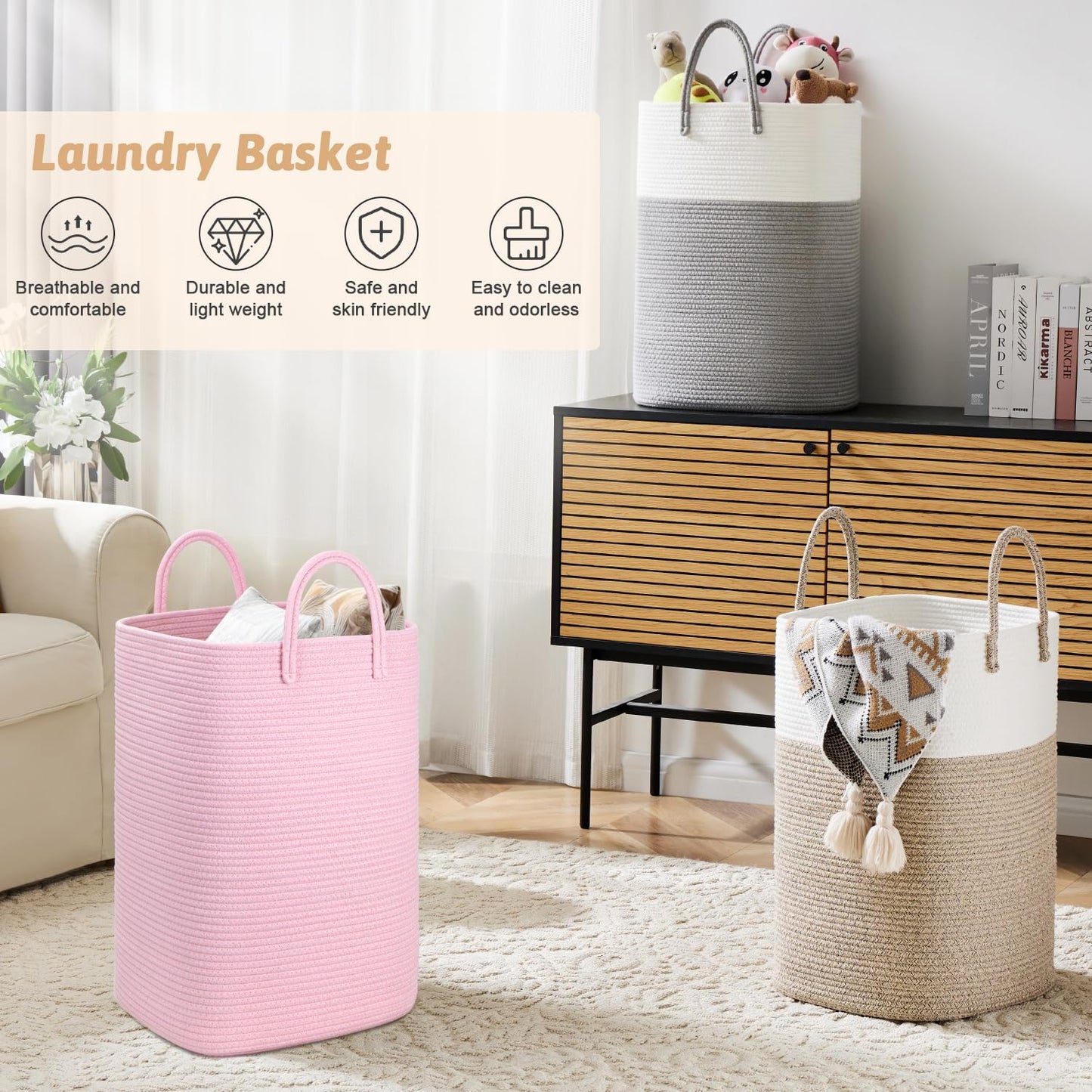 Laundry Basket,Woven Cotton Rope Laundry Hamper,100L Versatile Storage for Dirty Clothes,Baby