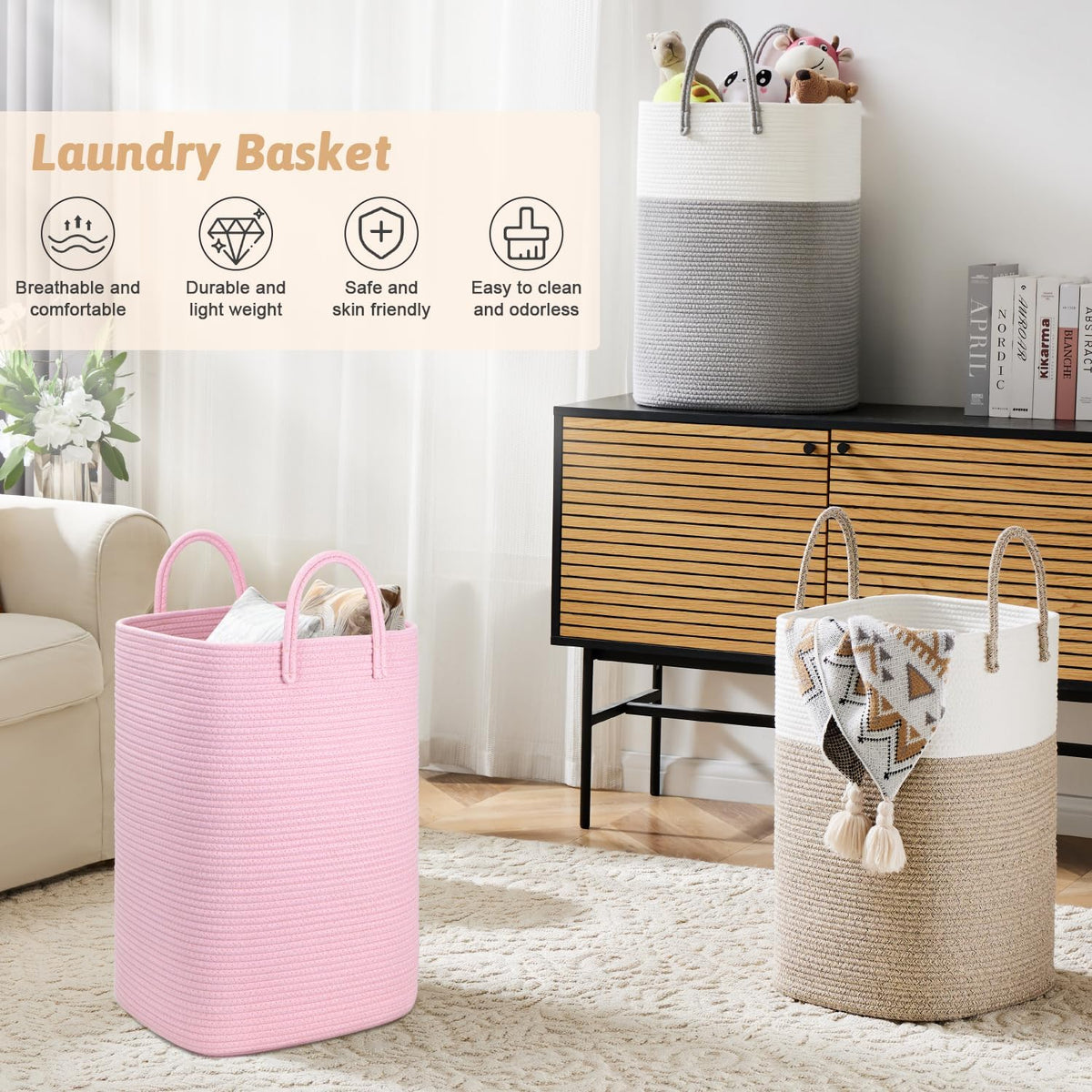 Laundry Basket,Woven Cotton Rope Laundry Hamper,80L Versatile Storage for Dirty Clothes,Baby