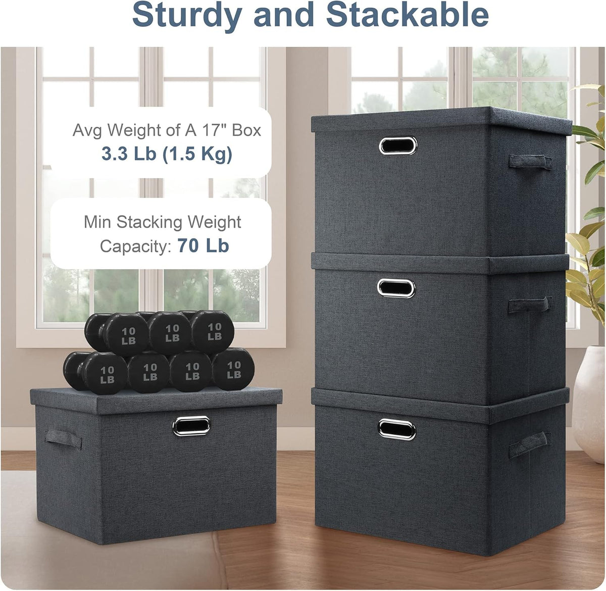 Large 17" 36 Quart Collapsible Stackable Storage Bins with Lids, 3 Packs Dark Gray Foldable Fabric