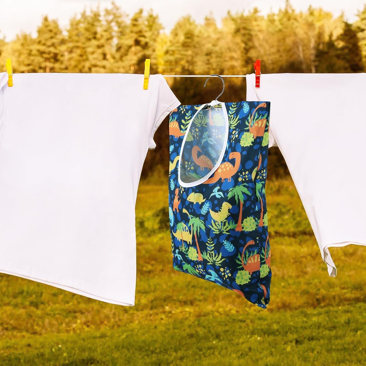 2 Pcs Dinosaurs Clothespin Holder - 15 X 11 Inch Clothes Pin Hanging Bag for Clothesline, Outdoor