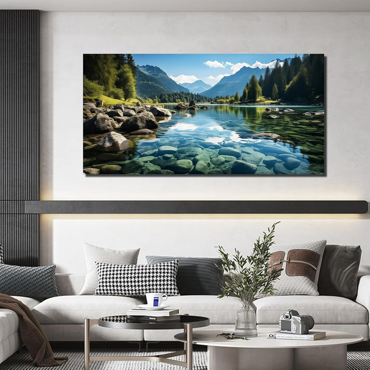 GUGIKA Landscape Wall Art for Living Room, Mountain and Lake Wall-Decor for Bedroom, Natural