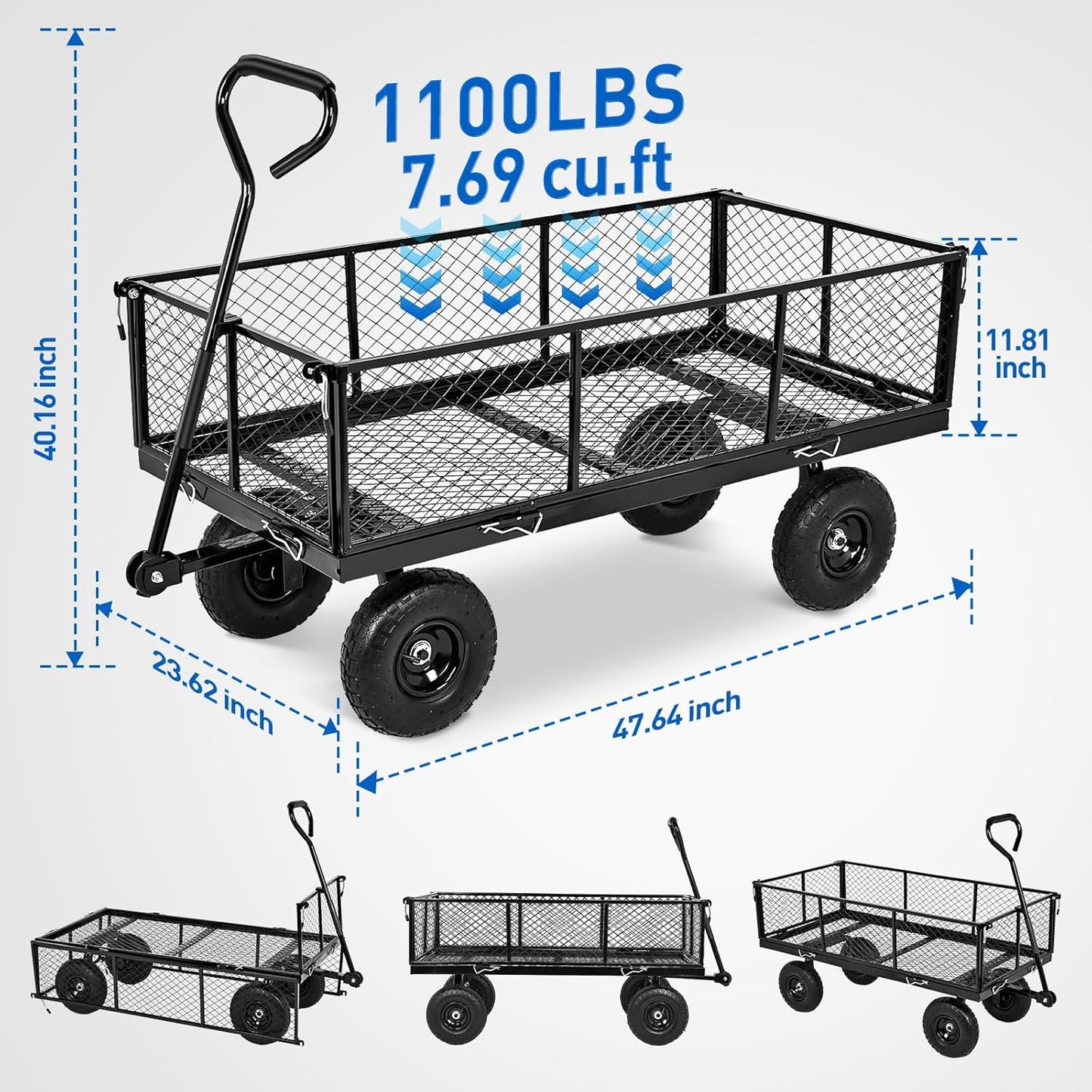 Yesker Steel Garden Carts - 1100lbs Dump Wagon with All Terrain Inflatable Wheels for Yard Lawn