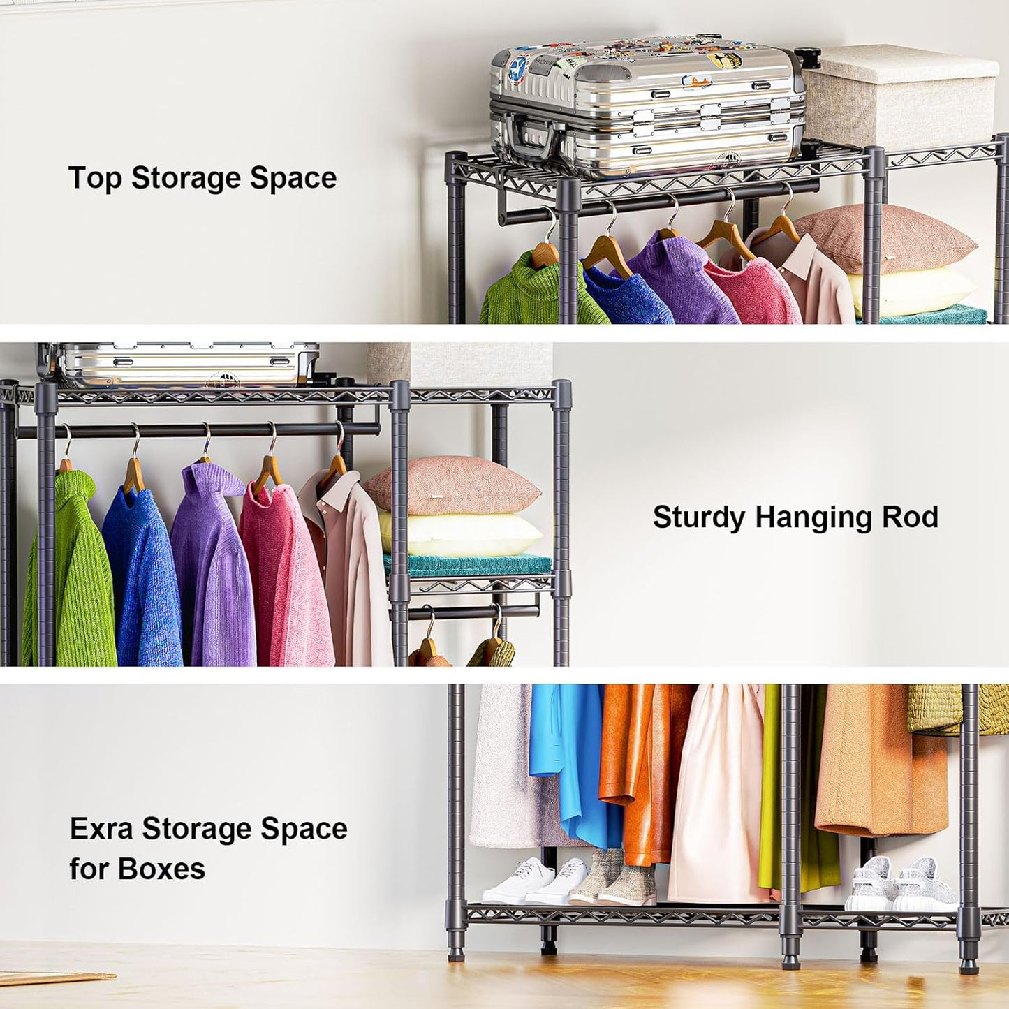 Heavy Duty Rolling Garment Rack 3 Tiers Adjustable Wire Shelving Clothes Rack with 1 Rods and Side
