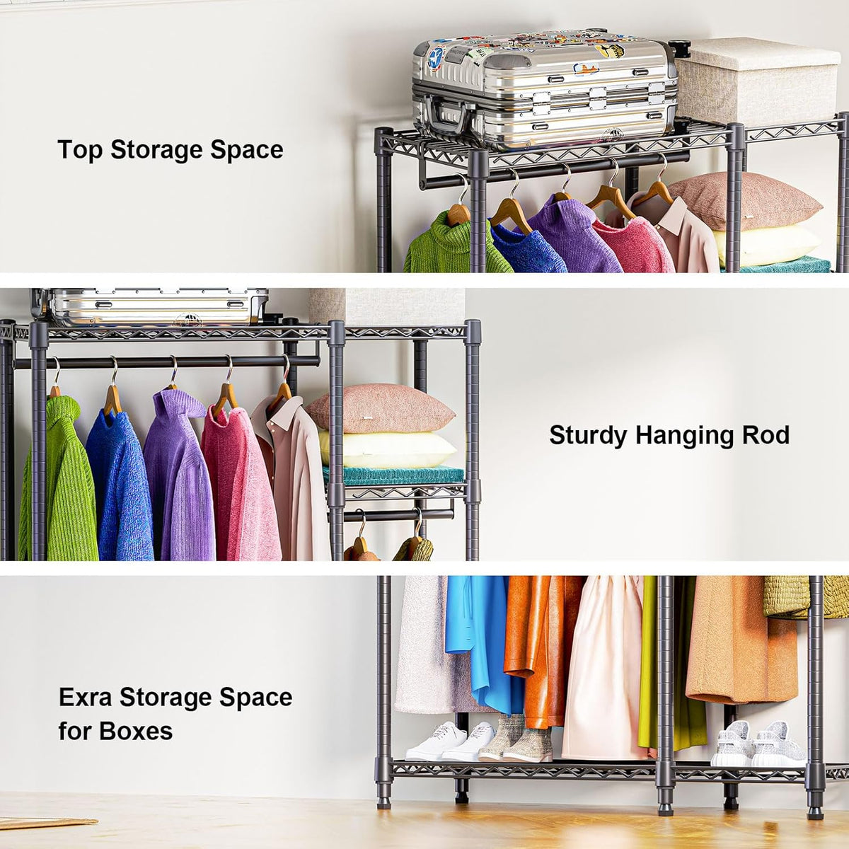 Heavy Duty Rolling Garment Rack 3 Tiers Adjustable Wire Shelving Clothes Rack with 1 Rods and Side