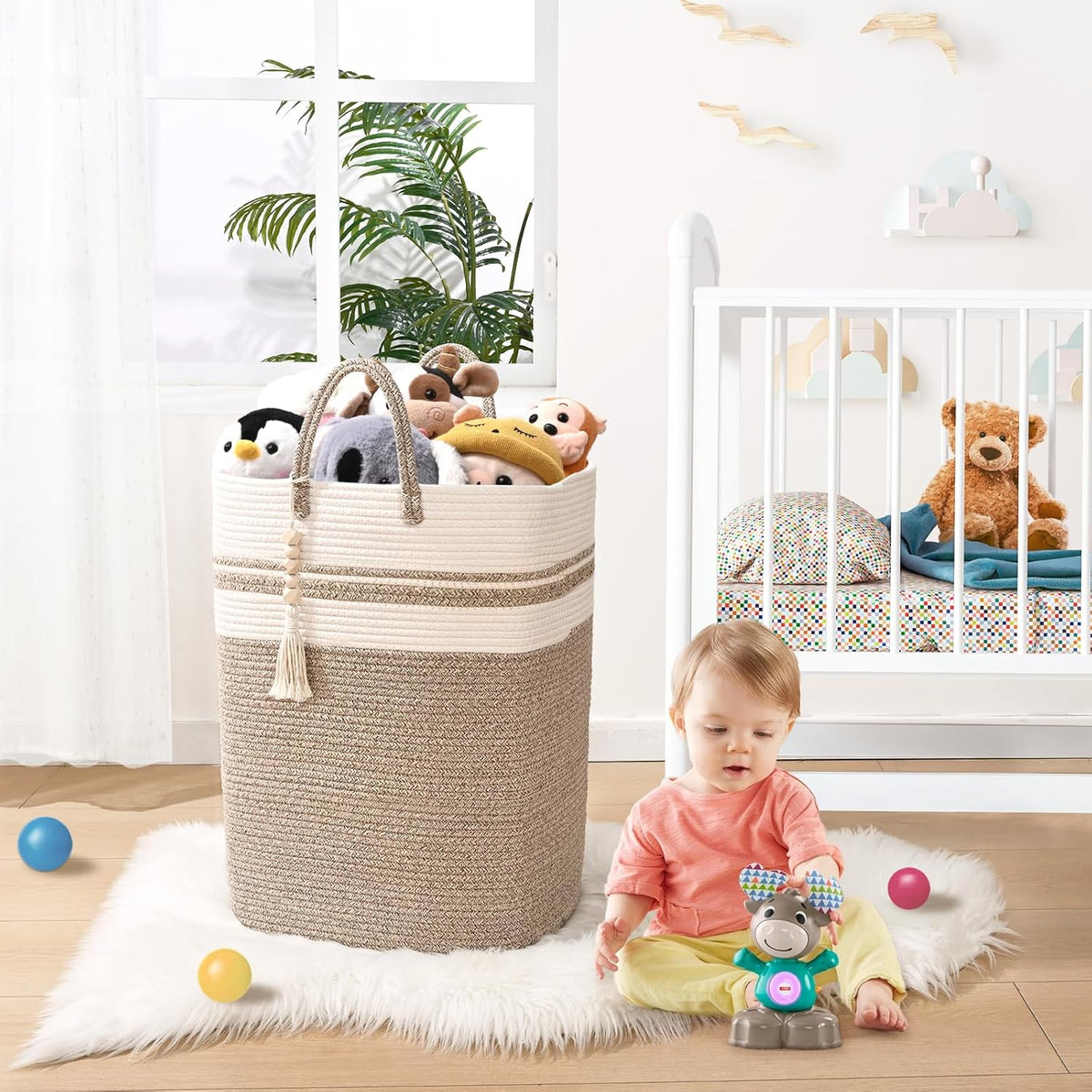 Woven Laundry Basket for Clothes, 80 L Large Rectangle Laundry Hampers with Beads Tassel, Nursery