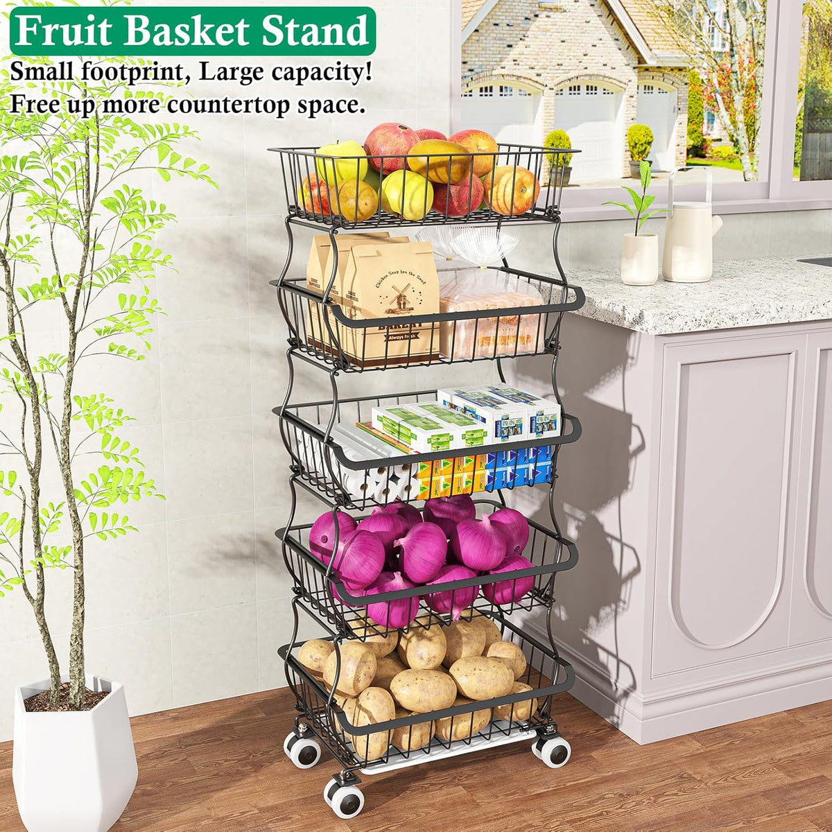 5 Tier Fruit Basket for Kitchen, Stackable Bins Wire Rack with Wheels, Fruit and Vegetable Storage