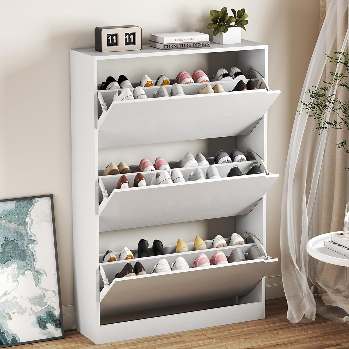Shoe Cabinet with 3 Flip Drawers, Hidden Wood Shoe Cabinet,Freestanding Shoe Storage Cabinet for