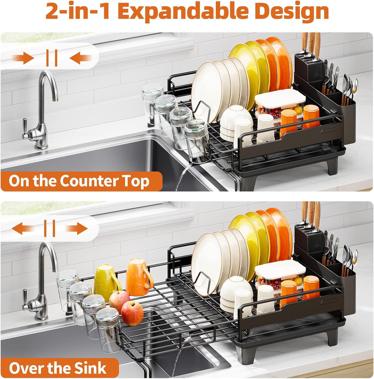 Dish Drying Rack - Extendable Dish Drainer, Large Dish Rack for Kitchen Counter, Rustproof Dish