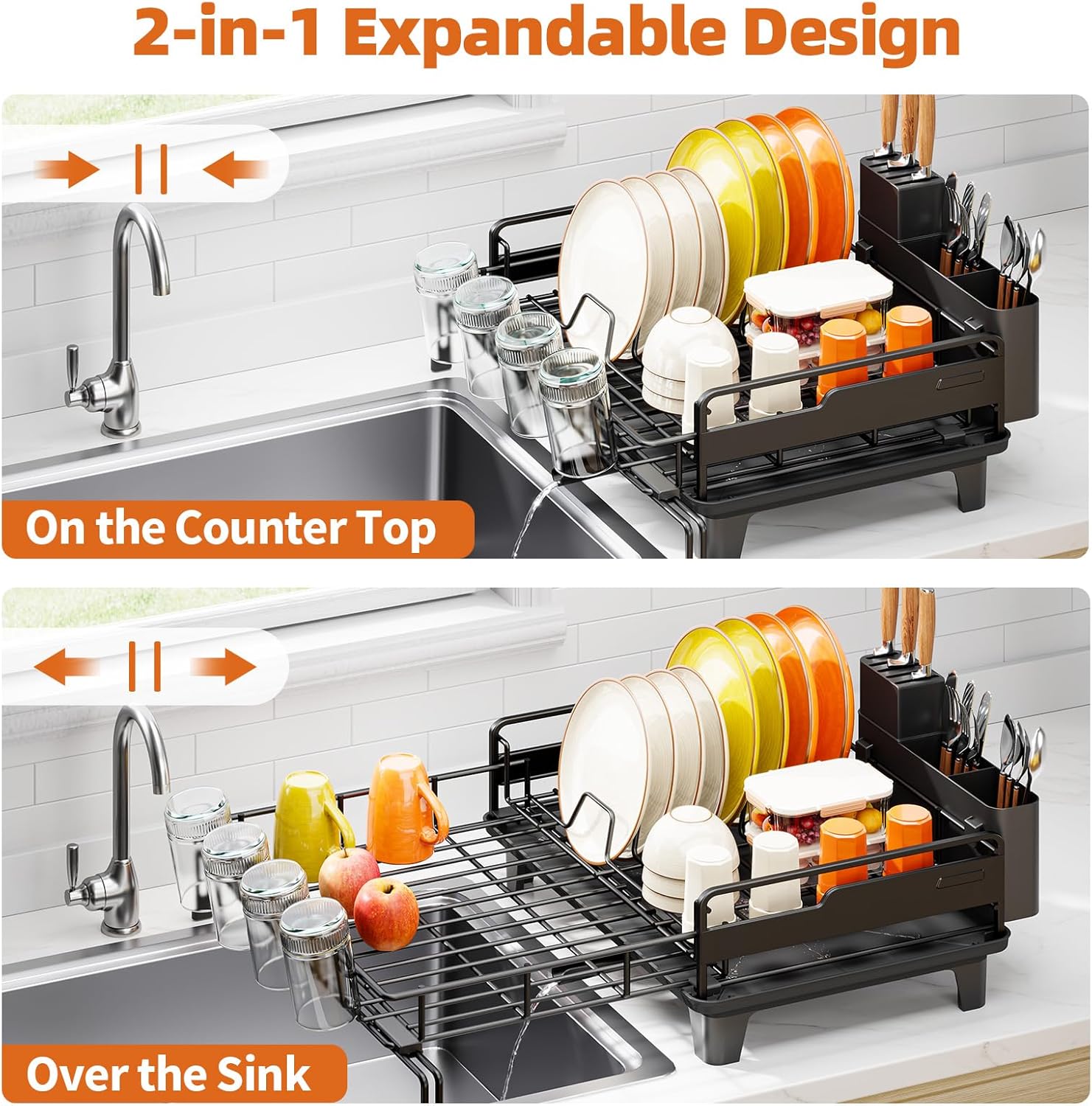 Dish Drying Rack - Extendable Dish Drainer, Large Dish Rack for Kitchen Counter, Rustproof Dish