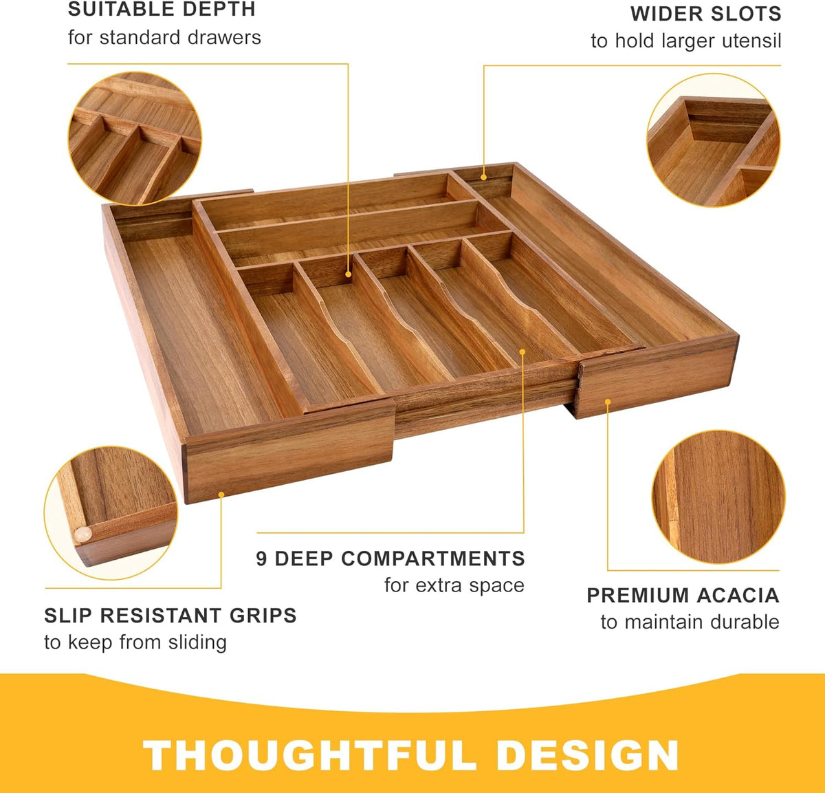 Large Premium Acacia Silverware Organizer - Expandable Drawer Organizer & Utensil Organizer
