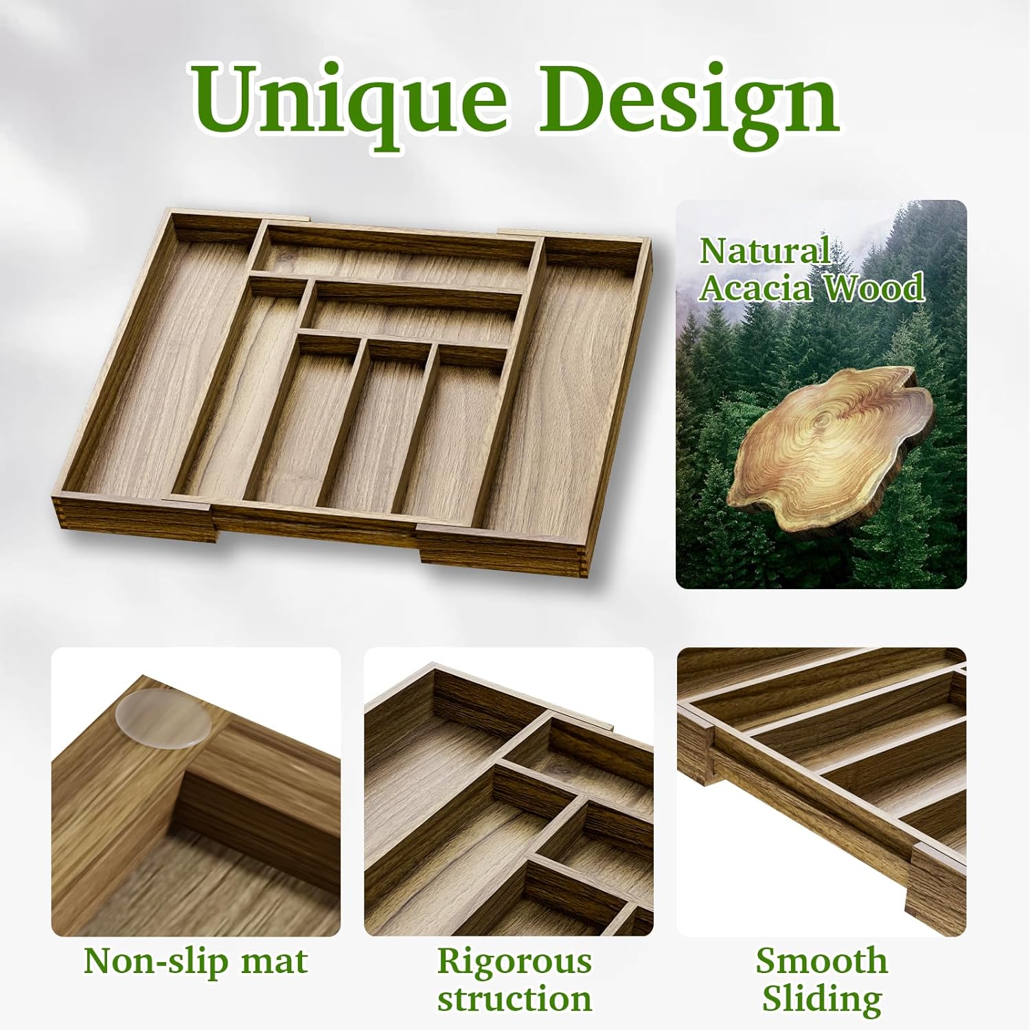 Acacia Wood Kitchen Silverware Drawer Organizer, Expandable Utensil Cutlery Drawer Organizer with
