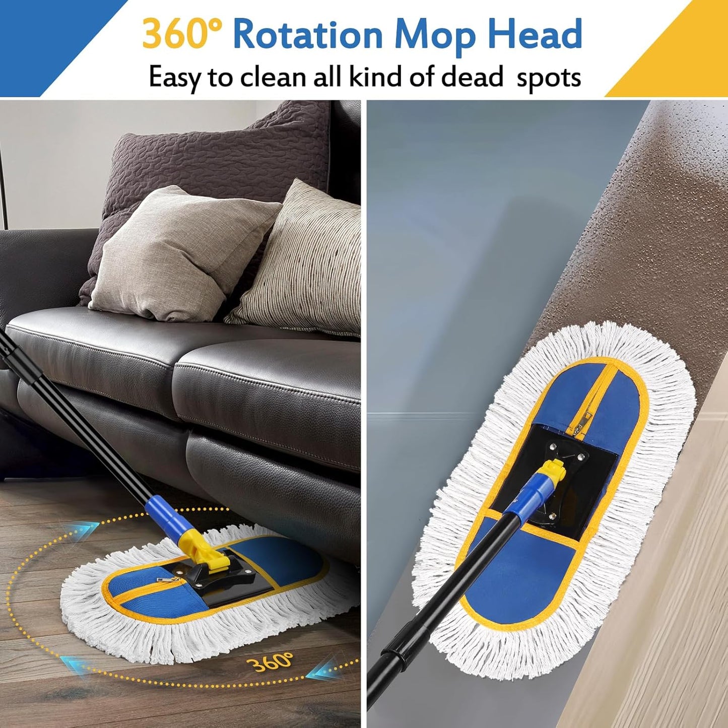 16 Inch Commercial Dust Mop for Floor Cleaning - Industrial Wet Dry Broom with 2 Washable Mops Pads