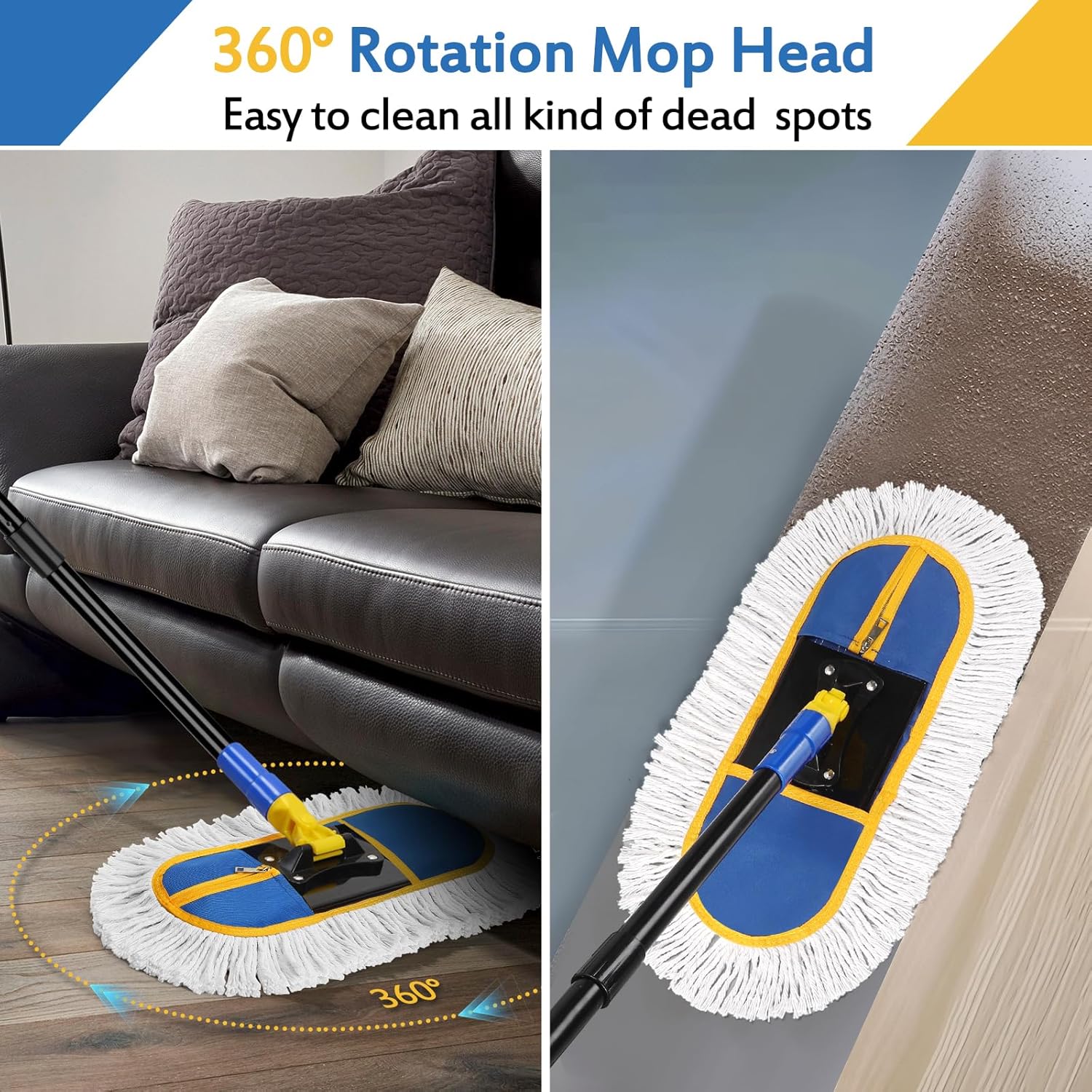 16 Inch Commercial Dust Mop for Floor Cleaning - Industrial Wet Dry Broom with 2 Washable Mops Pads