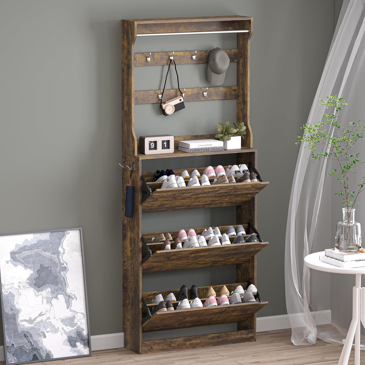 Shoe Cabinet with 3 Flip Drawers & Coat Rack, Narrow Hidden Shoe Storage Cabinet, 2-in-1 Hall Tree