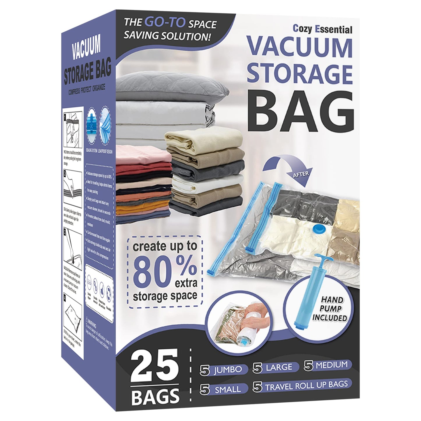 Cozy Essential Vacuum Storage Bags, 80% Compression Vacuum Seal Space Saver Plastic Packaging Bags