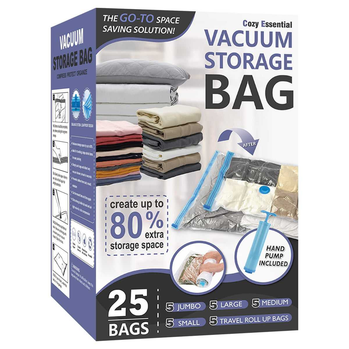 Cozy Essential Vacuum Storage Bags, 80% Compression Vacuum Seal Space Saver Plastic Packaging Bags