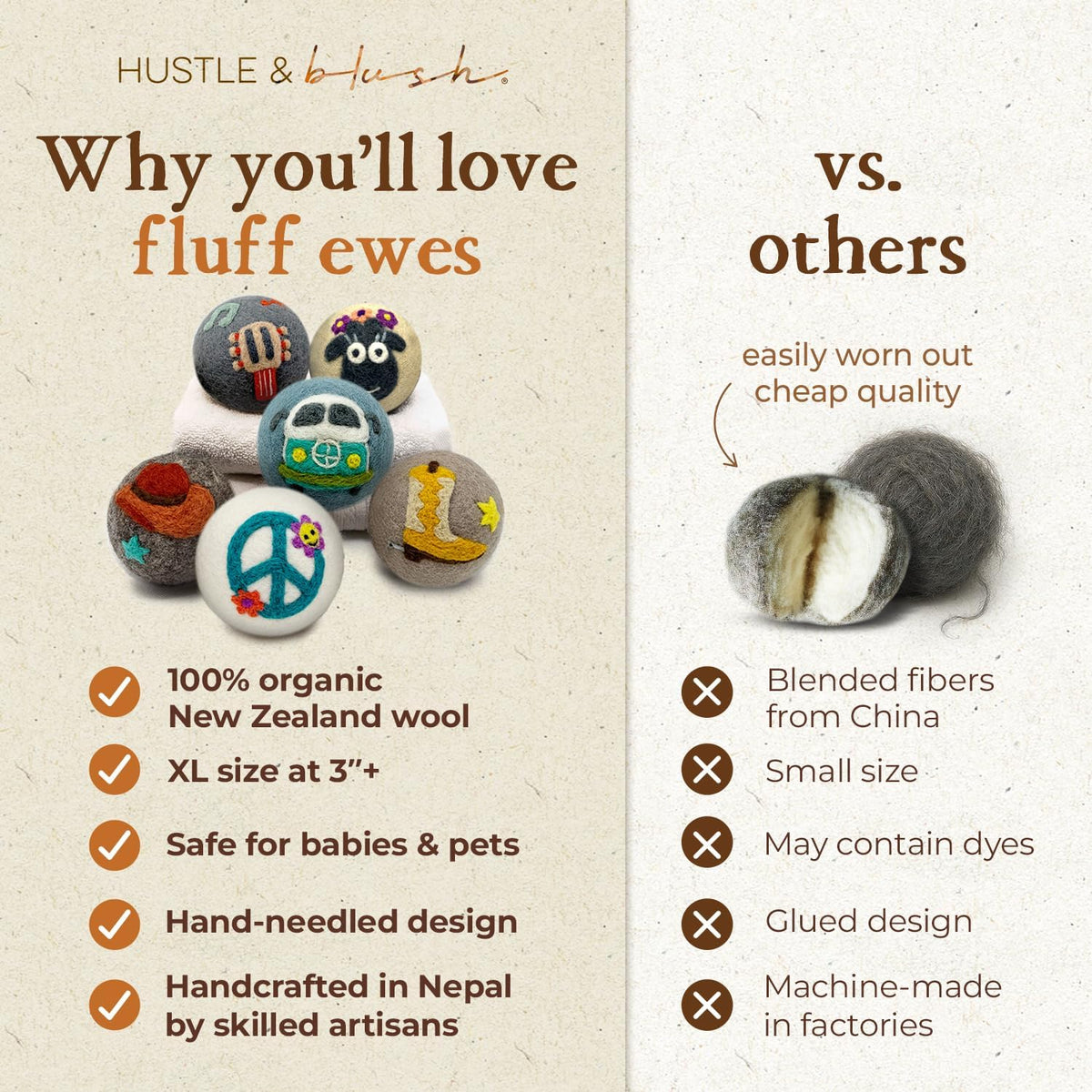 Fluff Ewes Wool Dryer Balls 6 Pack Premium New Zealand Wool Laundry Balls for Dryer, No Static