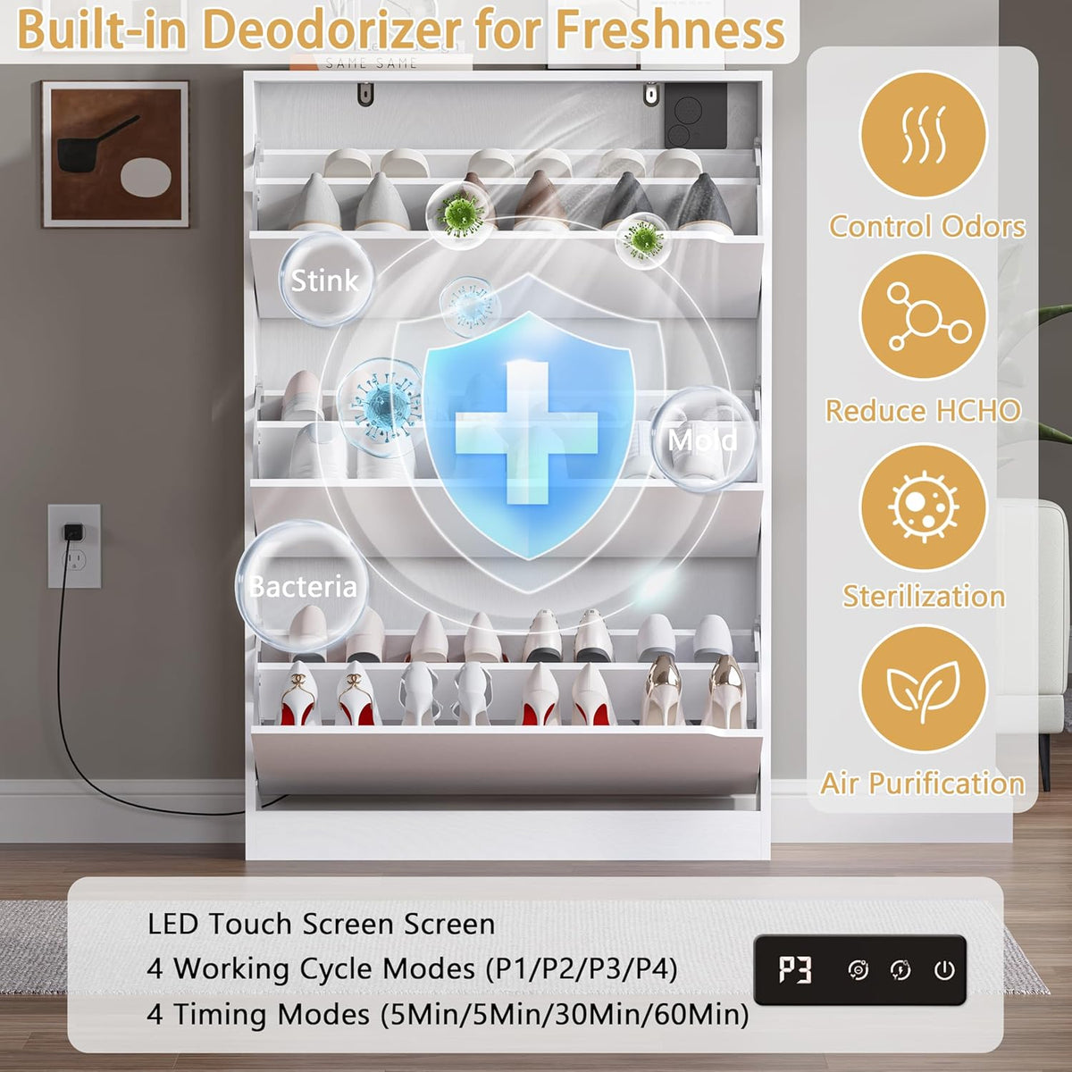 Shoe Cabinet with Odor Control and Back Panels, Deodorizing Slim 3-Flip Shoe Storage Cabinet for