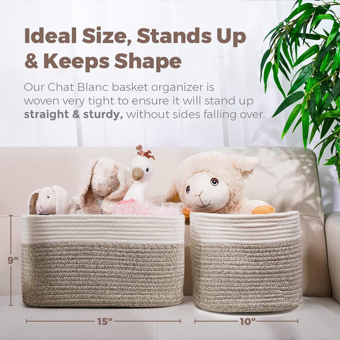 CHAT BLANC Cotton Rope Baskets for Organizing | 15”x10”x9” Storage Baskets for Shelves | Small