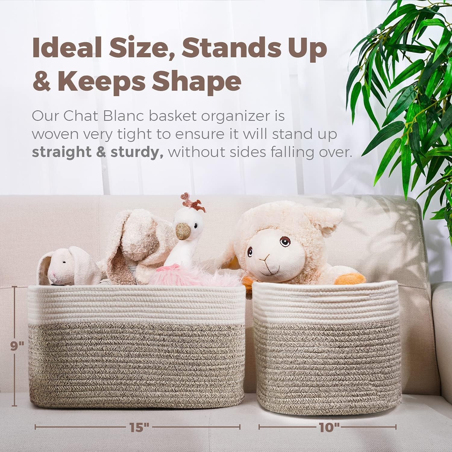 CHAT BLANC Cotton Rope Baskets for Organizing | 15”x10”x9” Storage Baskets for Shelves | Small