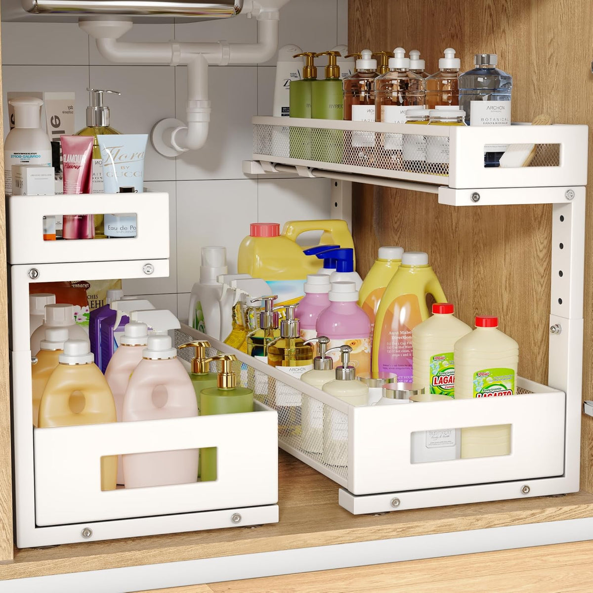 2 Pack 20.47IN Depth Under Sink Storage Organizer, Large 2-Tier Elegant Mesh Pull Out Shelf for
