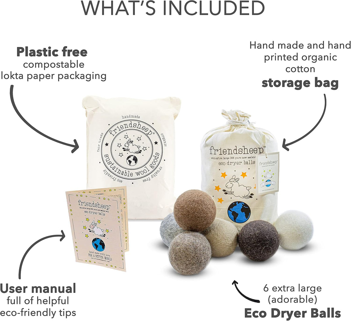 Friendsheep Wool Dryer Balls 6 Pack XL Organic Premium Reusable Cruelty Free Handmade Fair Trade No
