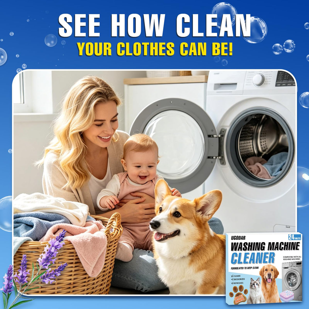 UGODAR Washing Machine Cleaner Tablets 24-Pack, 3-Layer Formula Deep Cleaning, Pet Hair & Odor