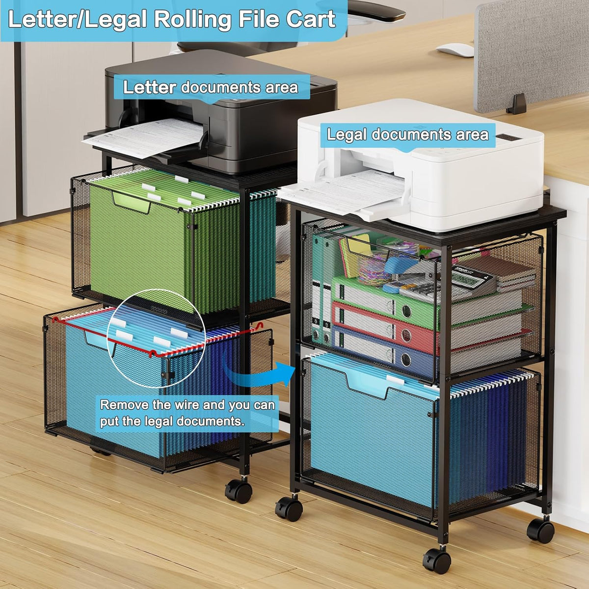 Letter/Legal Rolling File Cart with 2 Storage Drawers, Under Desk Storage, Vertical Filing Cabinet