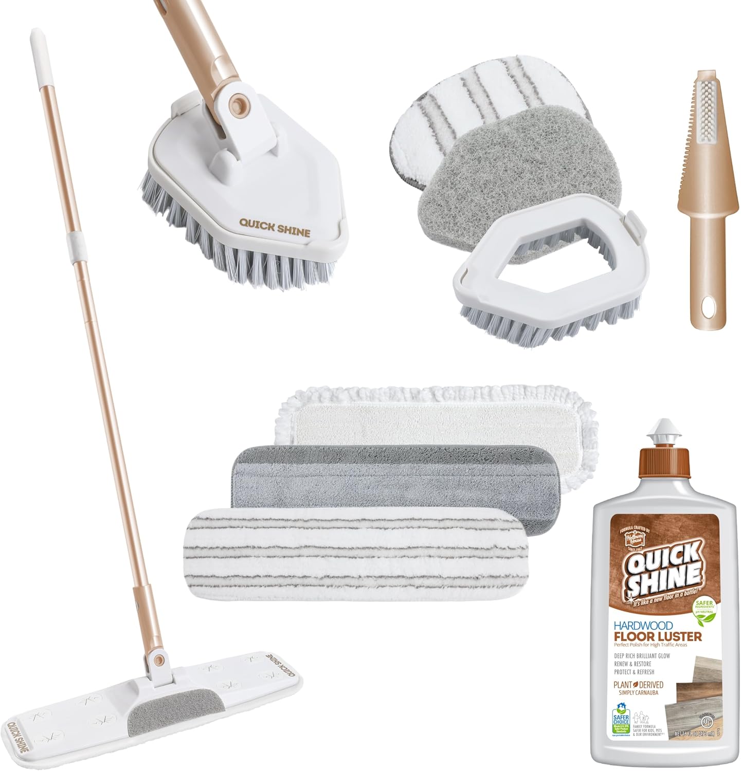Quick Shine Ultimate Gold Clean + Polish Mop Kit | All-in-One 10 Pc Kit w/Interchangeable