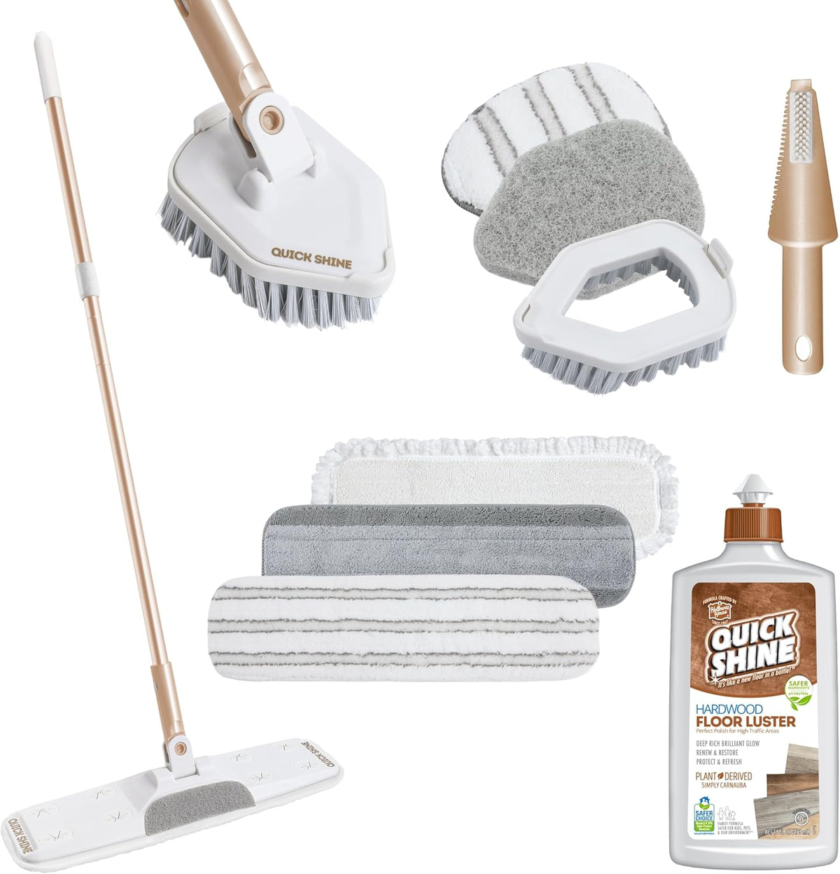 Quick Shine Ultimate Gold Clean + Polish Mop Kit | All-in-One 10 Pc Kit w/Interchangeable